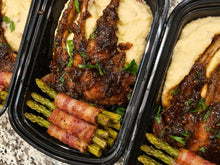 Load image into Gallery viewer, Honey Lemon Pepper Lamb Chops (3pc) Garlic Mashed Potatoes &amp; Wrapped Bacon &amp; Asparagus w/ Roll
