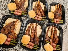 Load image into Gallery viewer, Honey Lemon Pepper Lamb Chops (3pc) Garlic Mashed Potatoes &amp; Wrapped Bacon &amp; Asparagus w/ Roll
